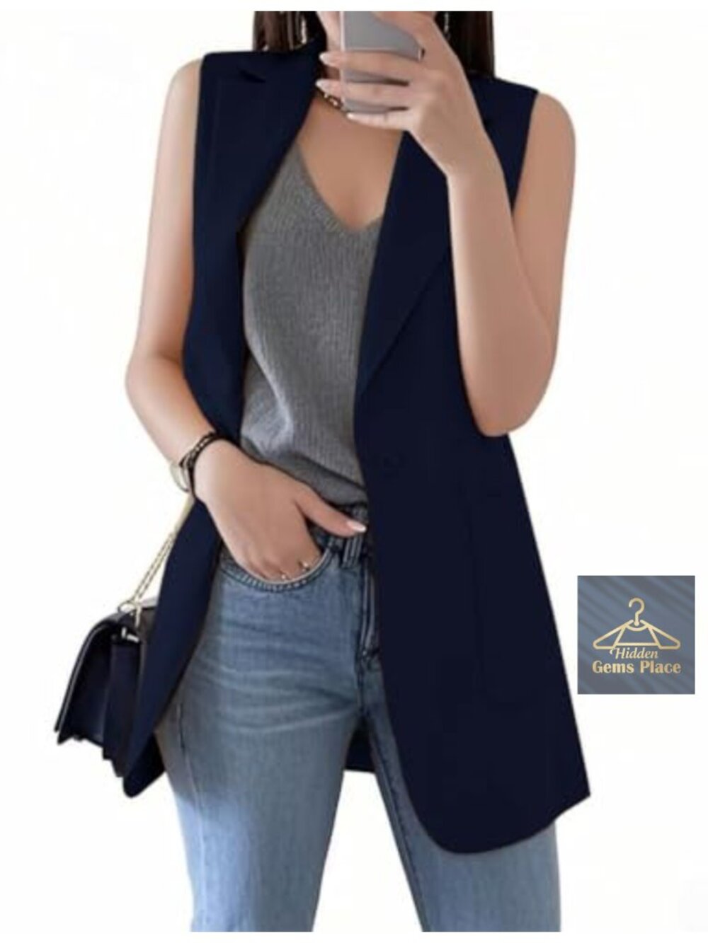 Womens Sleeveless Long Vest Blazer Notch Lapel One Button Business Casual